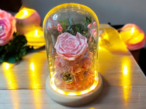 Preserved flowers in glass dome