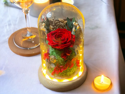 Preserved flowers in glass dome